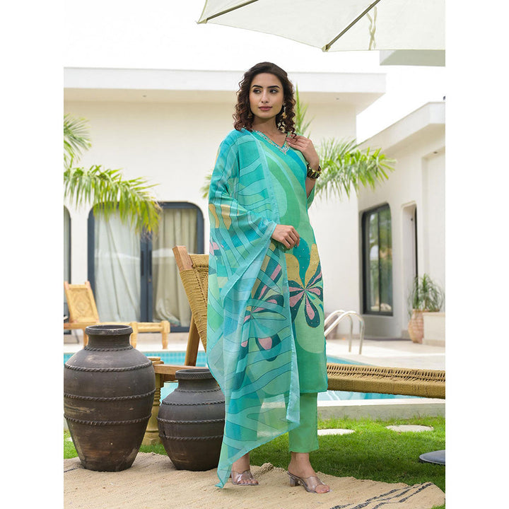 Yufta Green Digital Print Linen Cotton Have A Lining Kurta Trouser & Dupatta (Set of 3)