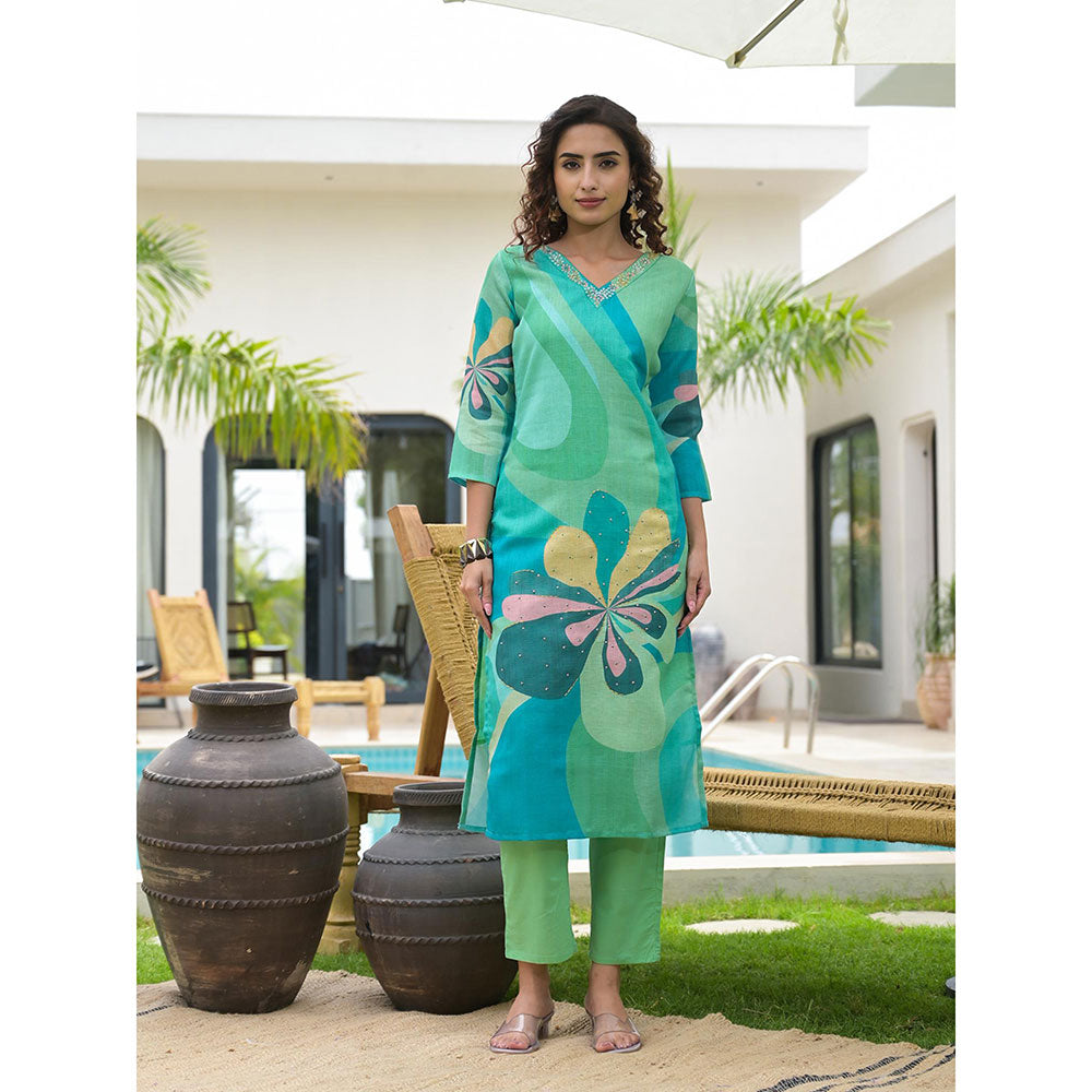 Yufta Green Digital Print Linen Cotton Have A Lining Kurta Trouser & Dupatta (Set of 3)