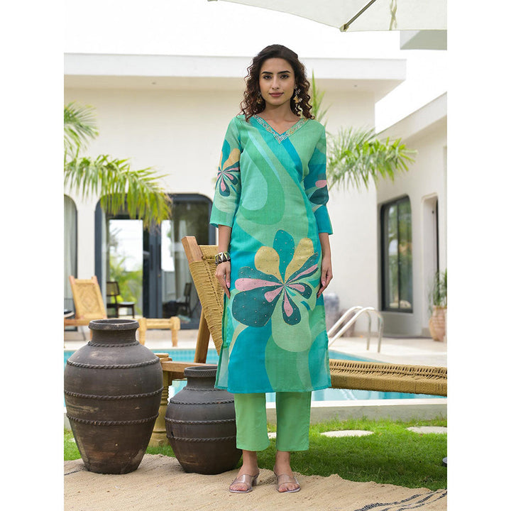 Yufta Green Digital Print Linen Cotton Have A Lining Kurta Trouser & Dupatta (Set of 3)