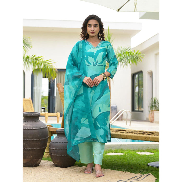 Yufta Green Digital Leaf Print Linen Cotton Have A Lining Kurta Trouser & Dupatta (Set of 3)