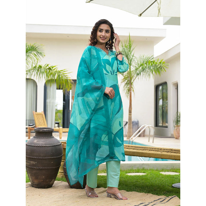 Yufta Green Digital Leaf Print Linen Cotton Have A Lining Kurta Trouser & Dupatta (Set of 3)