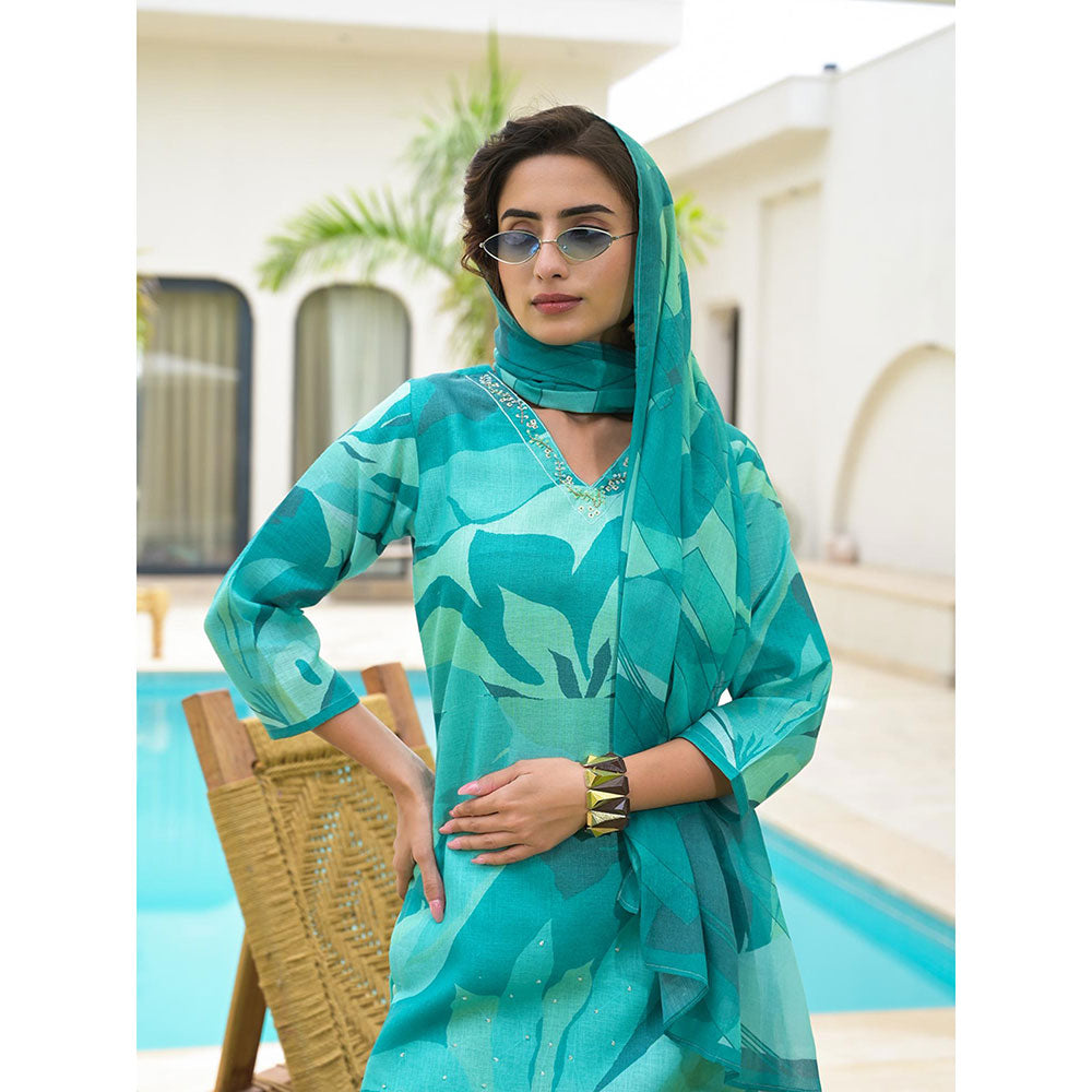 Yufta Green Digital Leaf Print Linen Cotton Have A Lining Kurta Trouser & Dupatta (Set of 3)