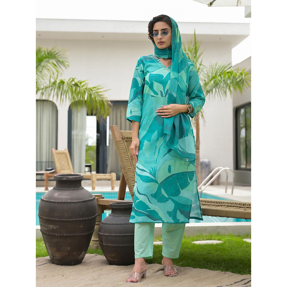 Yufta Green Digital Leaf Print Linen Cotton Have A Lining Kurta Trouser & Dupatta (Set of 3)