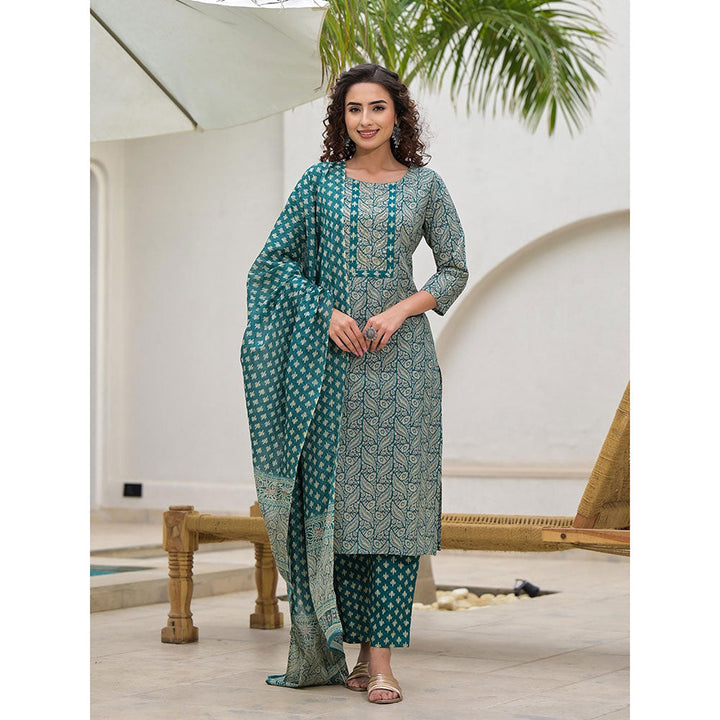 Yufta Embroidered Printed Teal Green Cotton Kurta With Trouser & Dupatta (Set of 3)