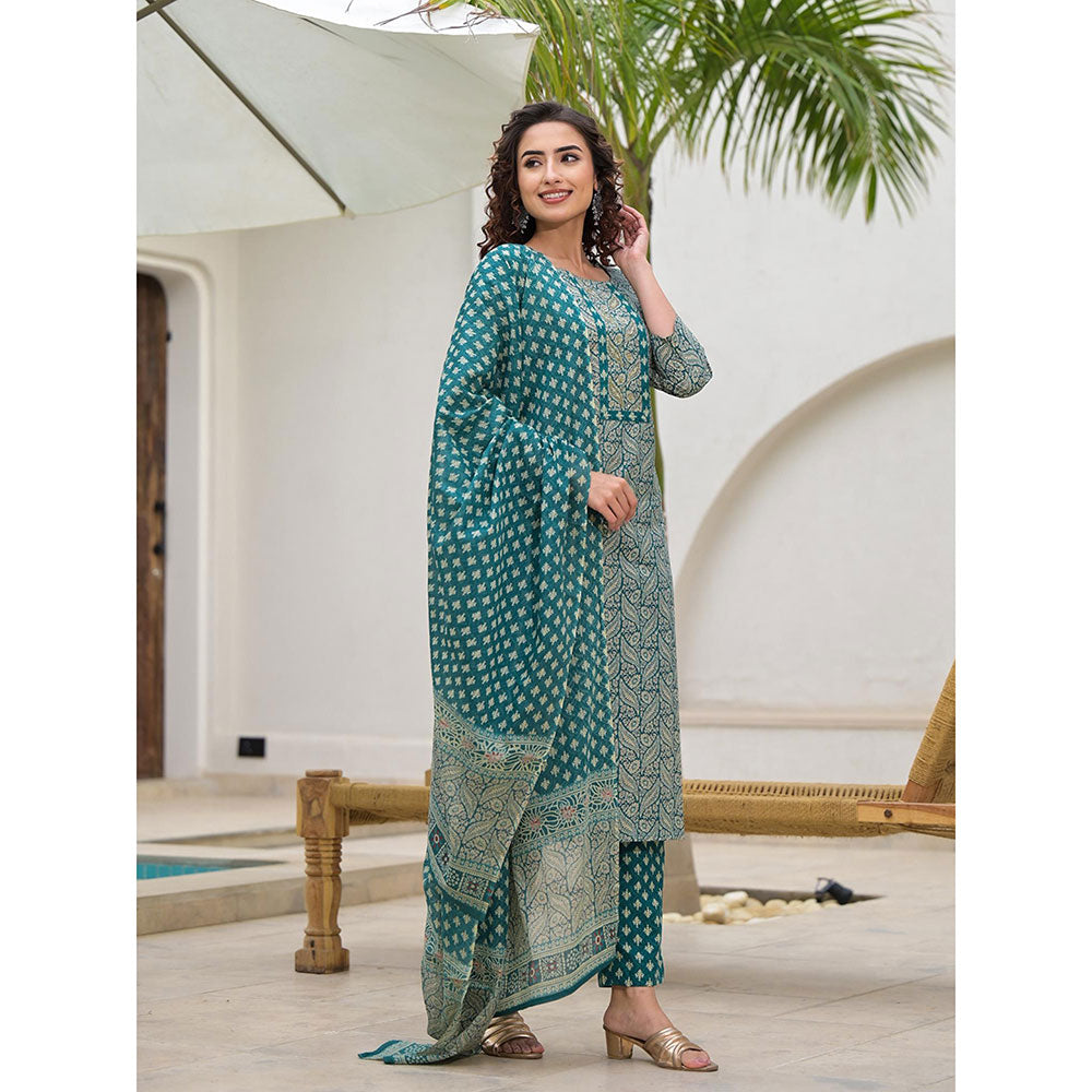 Yufta Embroidered Printed Teal Green Cotton Kurta With Trouser & Dupatta (Set of 3)