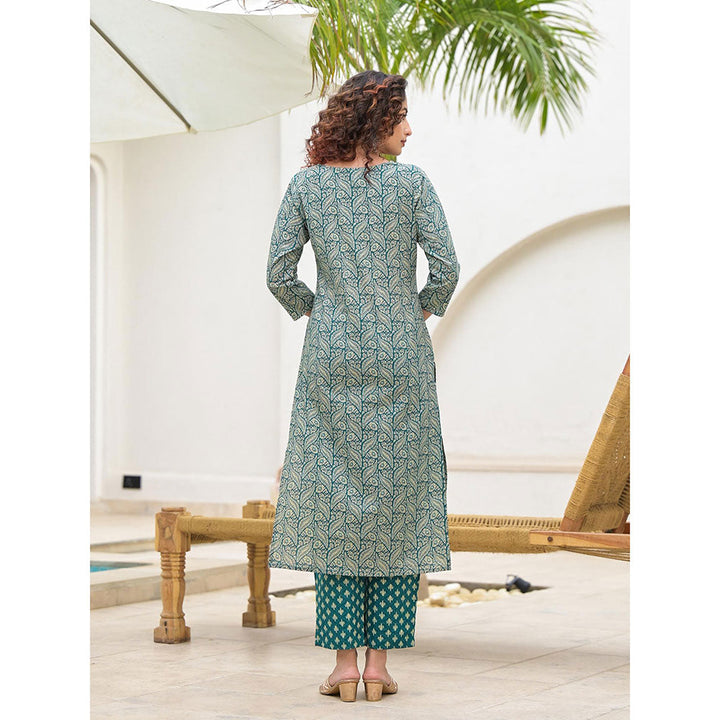 Yufta Embroidered Printed Teal Green Cotton Kurta With Trouser & Dupatta (Set of 3)