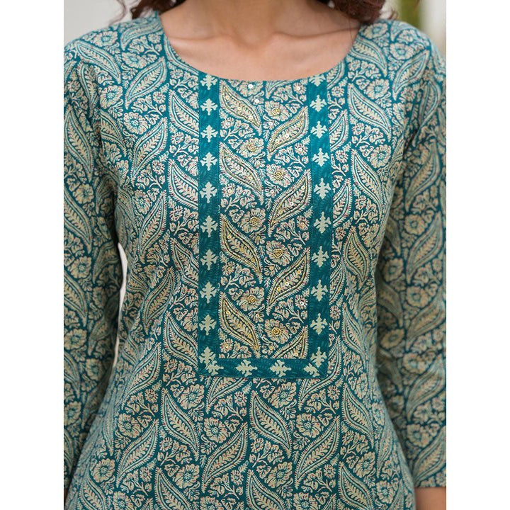 Yufta Embroidered Printed Teal Green Cotton Kurta With Trouser & Dupatta (Set of 3)