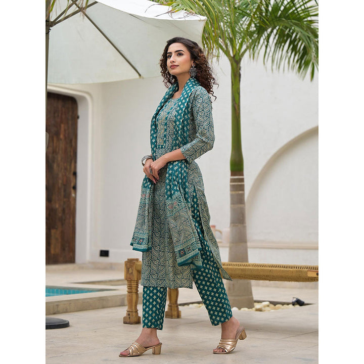 Yufta Embroidered Printed Teal Green Cotton Kurta With Trouser & Dupatta (Set of 3)