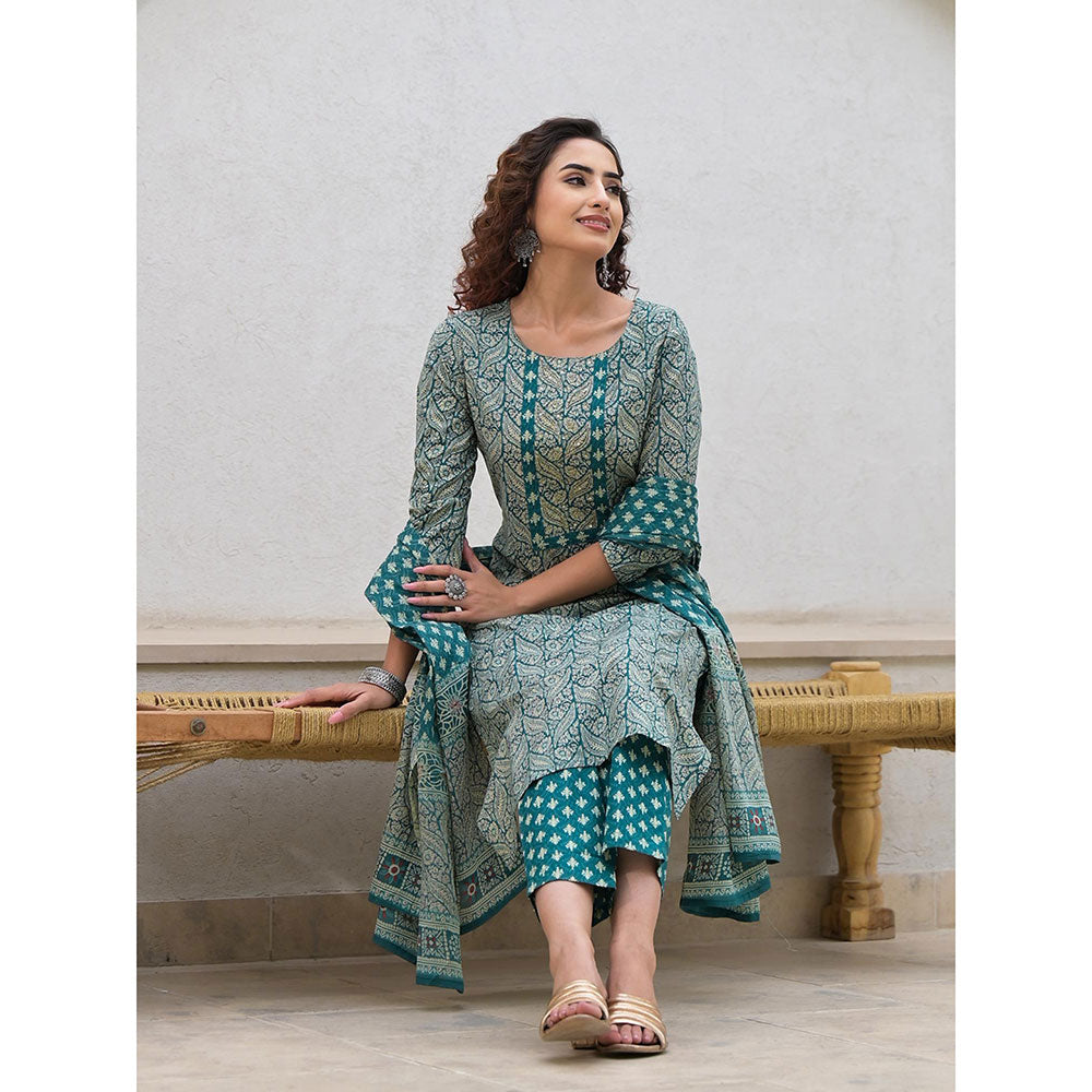 Yufta Embroidered Printed Teal Green Cotton Kurta With Trouser & Dupatta (Set of 3)