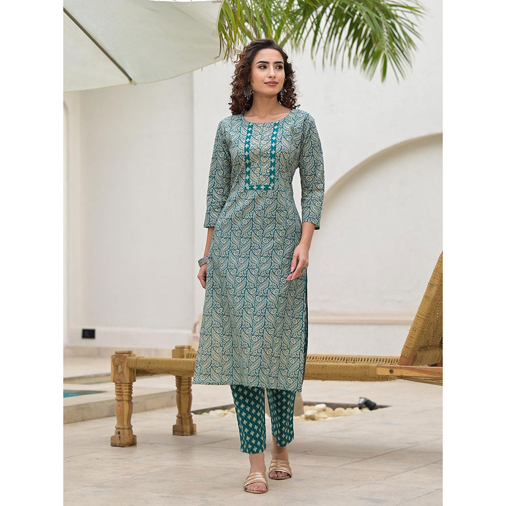 Yufta Embroidered Printed Teal Green Cotton Kurta With Trouser & Dupatta (Set of 3)