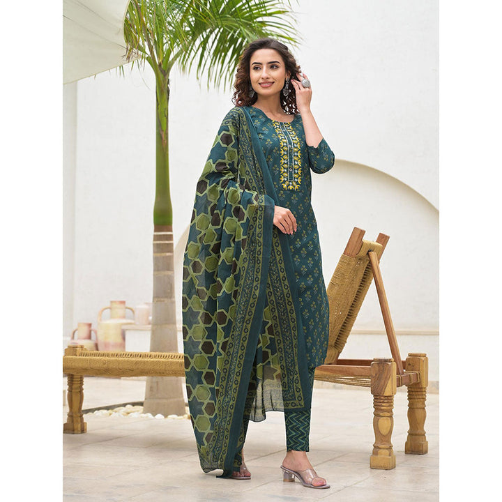 Yufta Green Cotton Thread Work Sequins Work Zari Work Kurta With Trouser & Dupatta (Set of 3)