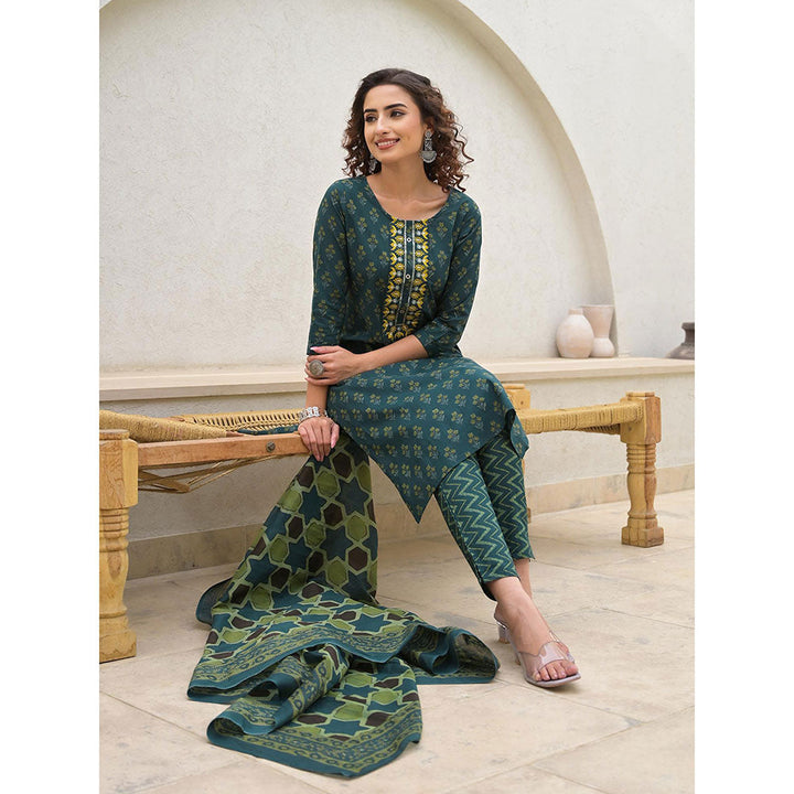 Yufta Green Cotton Thread Work Sequins Work Zari Work Kurta With Trouser & Dupatta (Set of 3)