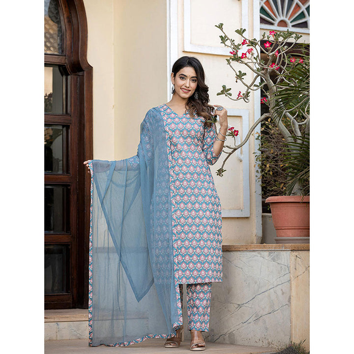 Yufta Teal Blue Leaf Print Straight Kurta Trouser & Dupatta (Set of 3)