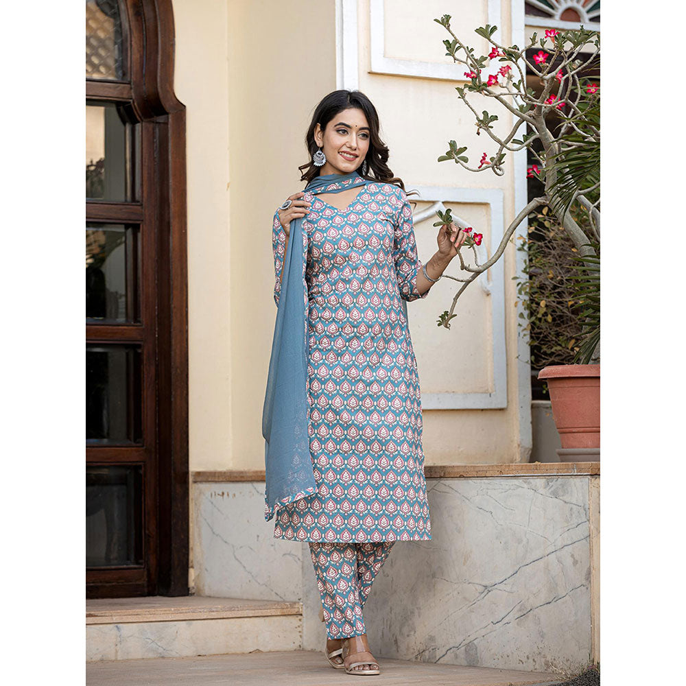 Yufta Teal Blue Leaf Print Straight Kurta Trouser & Dupatta (Set of 3)