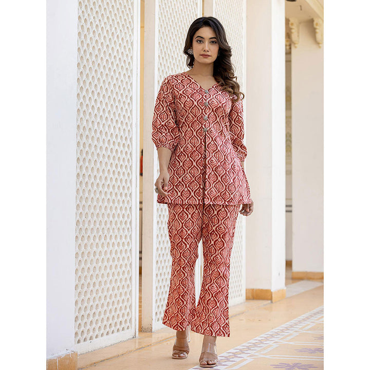 Yufta Ethnic Motifs Print Rust Cotton A-Line Co-Ord (Set of 2)