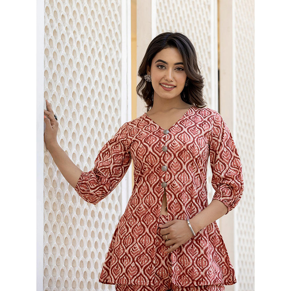 Yufta Ethnic Motifs Print Rust Cotton A-Line Co-Ord (Set of 2)