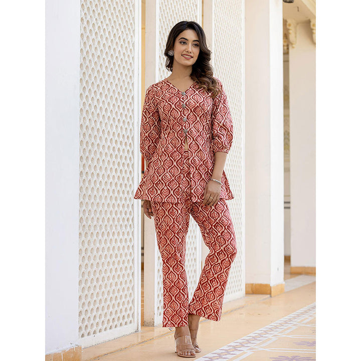 Yufta Ethnic Motifs Print Rust Cotton A-Line Co-Ord (Set of 2)