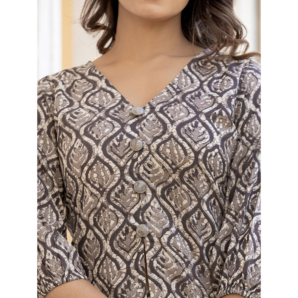 Yufta Ethnic Motifs Print Grey Cotton A-Line Co-Ord (Set of 2)