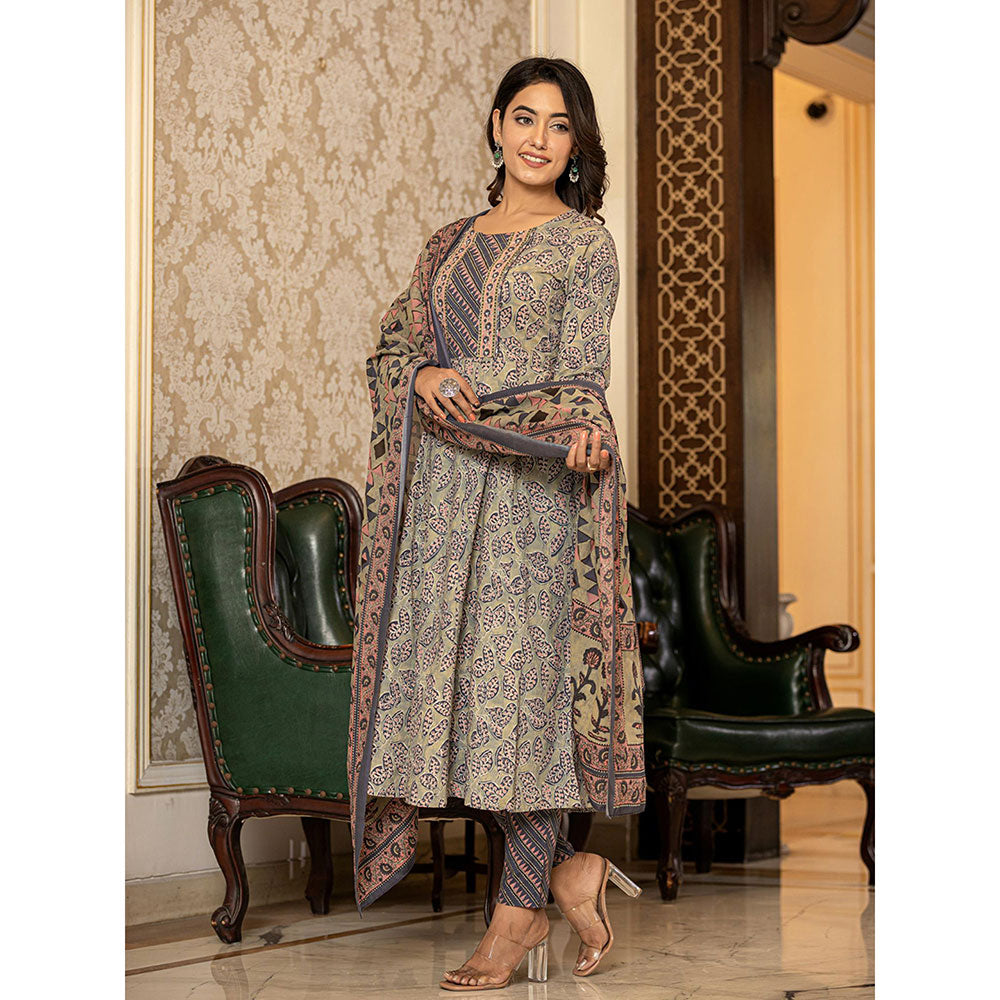 Yufta Grey Leaf Print Cotton Anarkali Kurta Trouser & Dupatta (Set of 3)