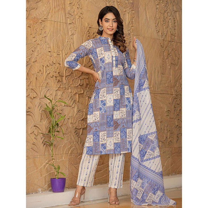 Yufta Blue Geometric Print Straight Kurta Trouser & Dupatta (Set of 3)