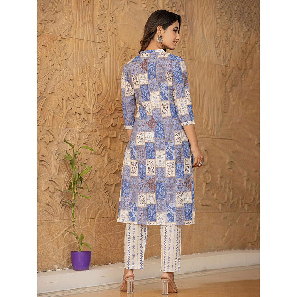 Yufta Blue Geometric Print Straight Kurta Trouser & Dupatta (Set of 3)