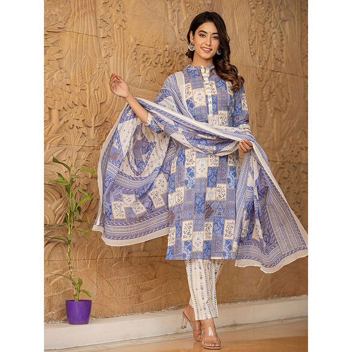 Yufta Blue Geometric Print Straight Kurta Trouser & Dupatta (Set of 3)