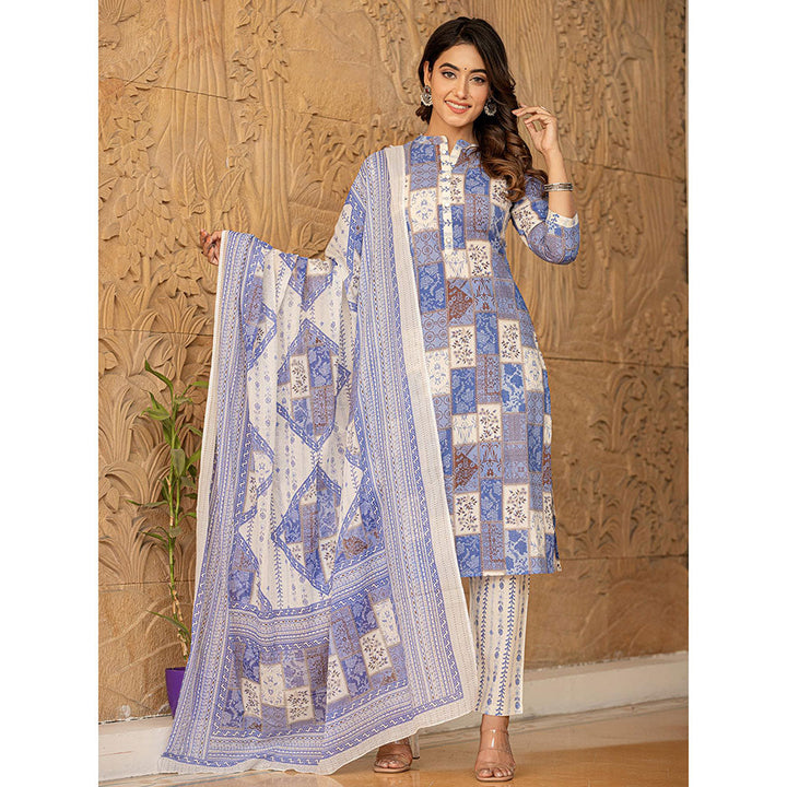 Yufta Blue Geometric Print Straight Kurta Trouser & Dupatta (Set of 3)