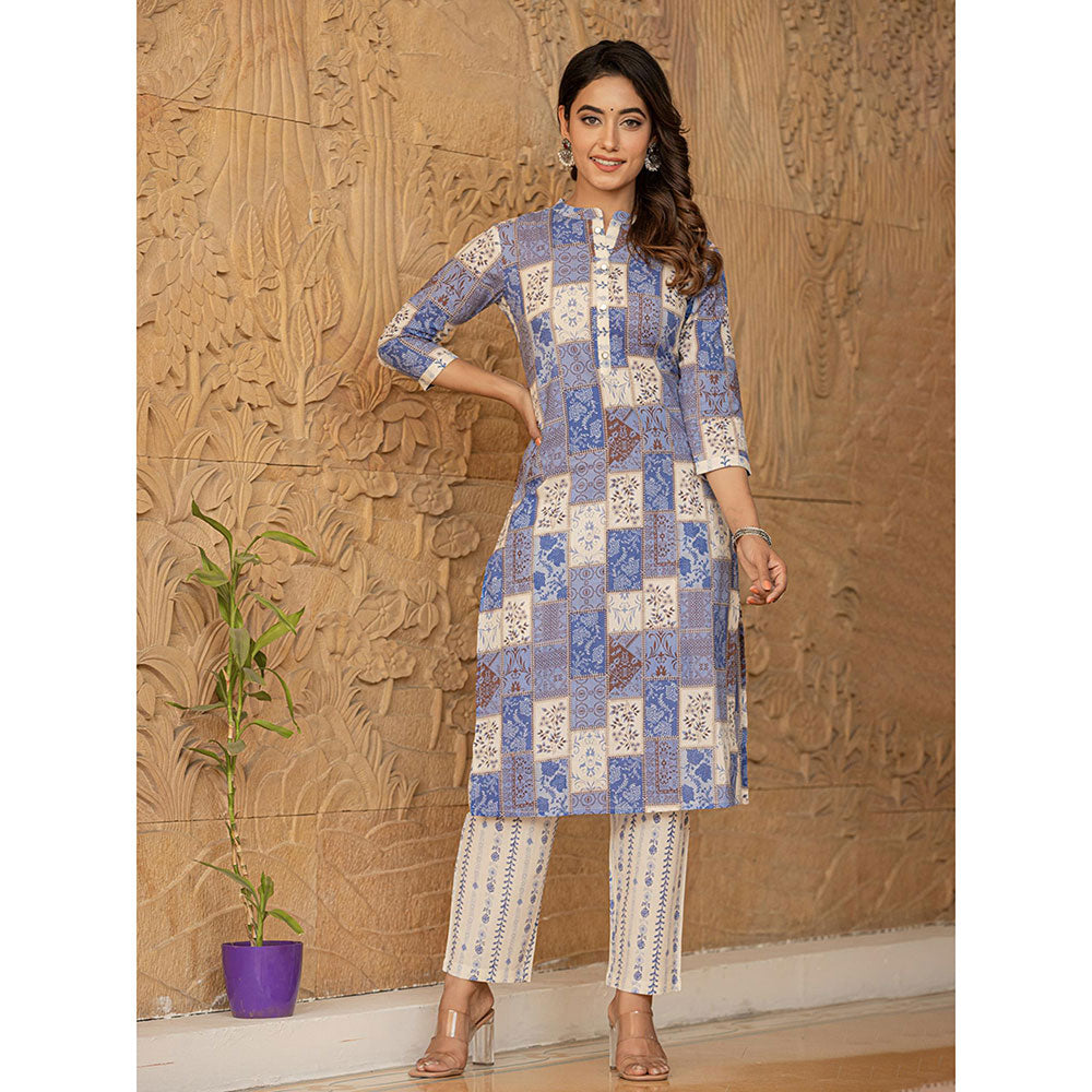 Yufta Blue Geometric Print Straight Kurta Trouser & Dupatta (Set of 3)