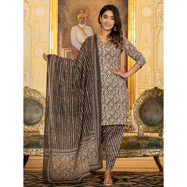 Yufta Grey Ethnic Motifs Straight Kurta Dhoti & Dupatta (Set of 3)