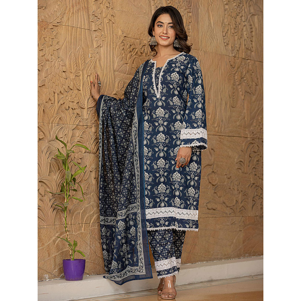 Yufta Blue Floral Print Pakistani Style Kurta Trouser & Dupatta (Set of 3)