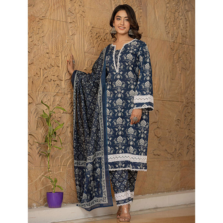 Yufta Blue Floral Print Pakistani Style Kurta Trouser & Dupatta (Set of 3)