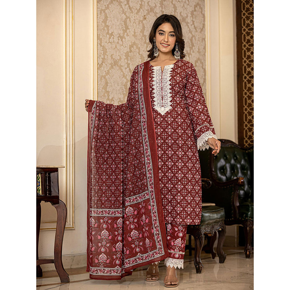 Yufta Maroon Floral Print Pakistani Style Kurta Trouser & Dupatta (Set of 3)