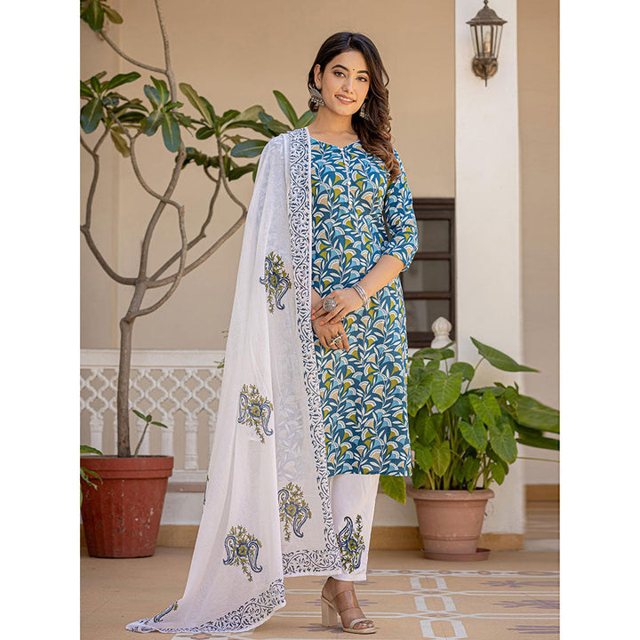 Yufta Turquoise Blue Leaf Print Straight Piping On Yoke Kurta Trouser & Dupatta (Set of 3)