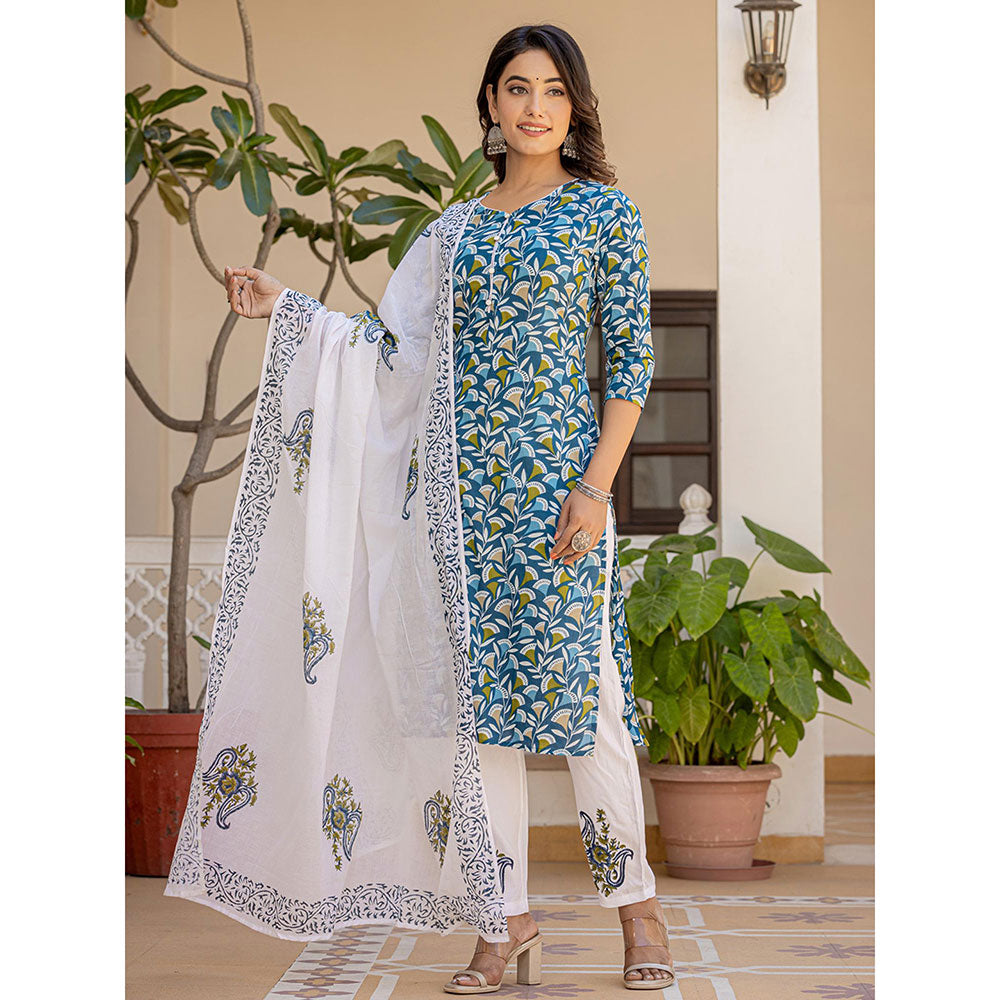 Yufta Turquoise Blue Leaf Print Straight Piping On Yoke Kurta Trouser & Dupatta (Set of 3)