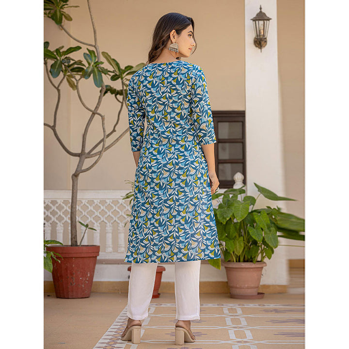 Yufta Turquoise Blue Leaf Print Straight Piping On Yoke Kurta Trouser & Dupatta (Set of 3)