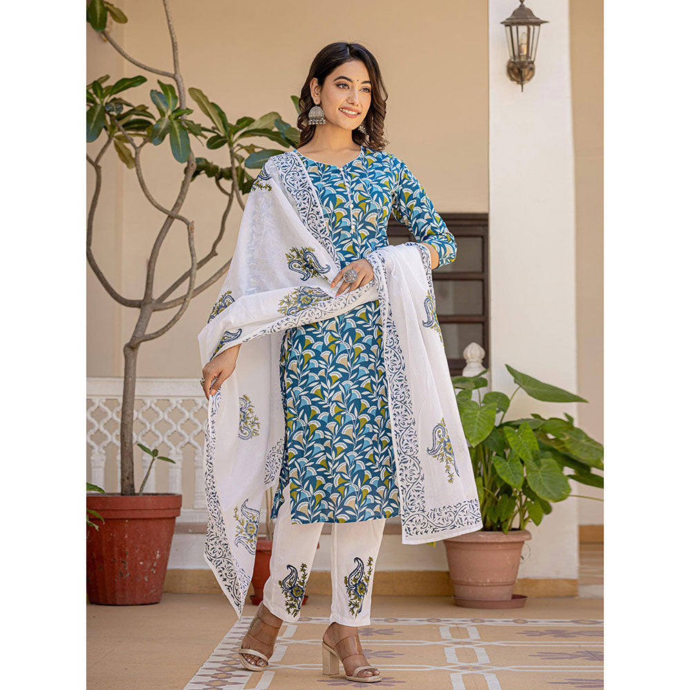 Yufta Turquoise Blue Leaf Print Straight Piping On Yoke Kurta Trouser & Dupatta (Set of 3)