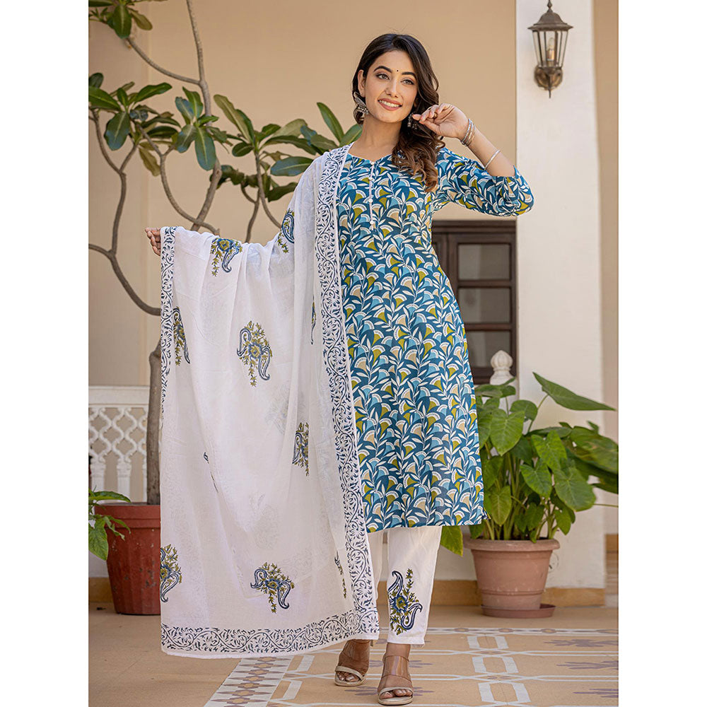 Yufta Turquoise Blue Leaf Print Straight Piping On Yoke Kurta Trouser & Dupatta (Set of 3)