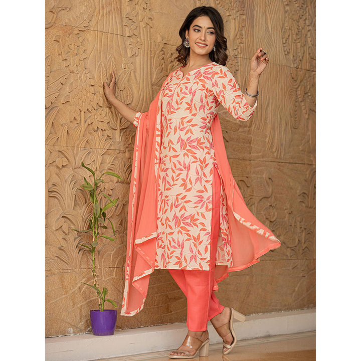 Yufta Pink Leaf Print Straight Piping On Yoke Kurta Trouser & Dupatta (Set of 3)