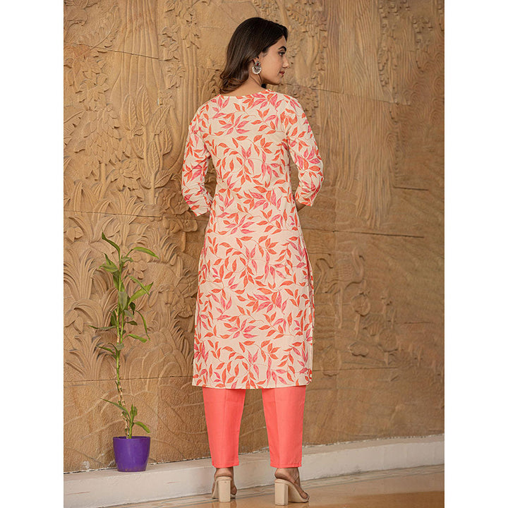 Yufta Pink Leaf Print Straight Piping On Yoke Kurta Trouser & Dupatta (Set of 3)