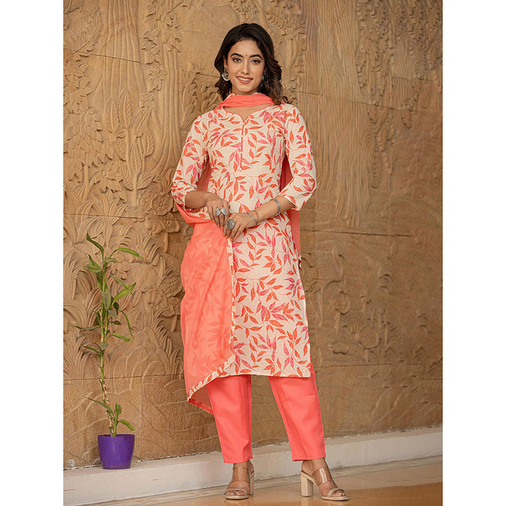 Yufta Pink Leaf Print Straight Piping On Yoke Kurta Trouser & Dupatta (Set of 3)