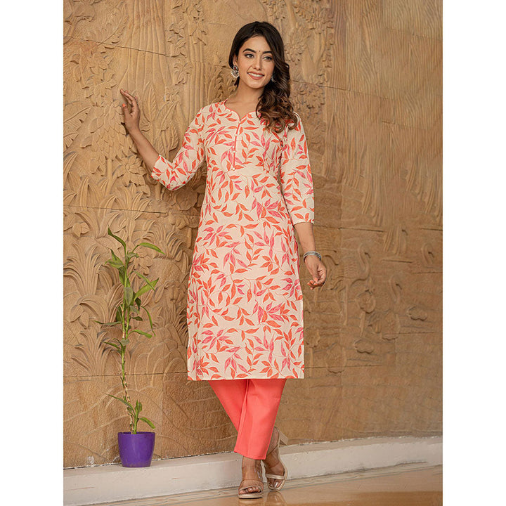 Yufta Pink Leaf Print Straight Piping On Yoke Kurta Trouser & Dupatta (Set of 3)