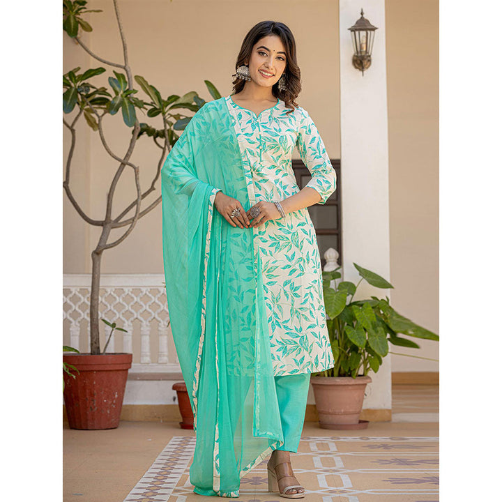 Yufta Mint Green Leaf Print Straight Piping On Yoke Kurta Trouser & Dupatta (Set of 3)