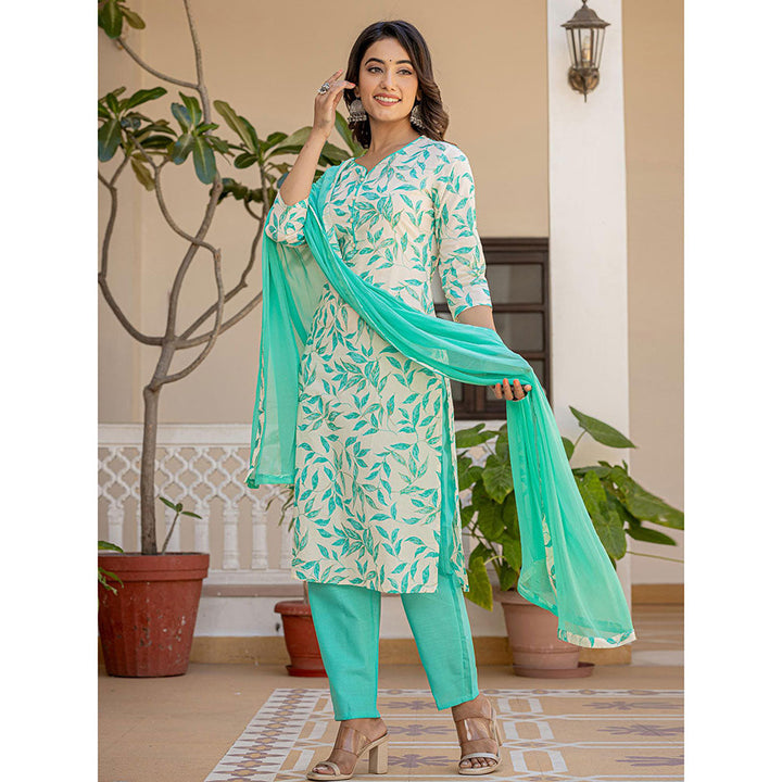 Yufta Mint Green Leaf Print Straight Piping On Yoke Kurta Trouser & Dupatta (Set of 3)