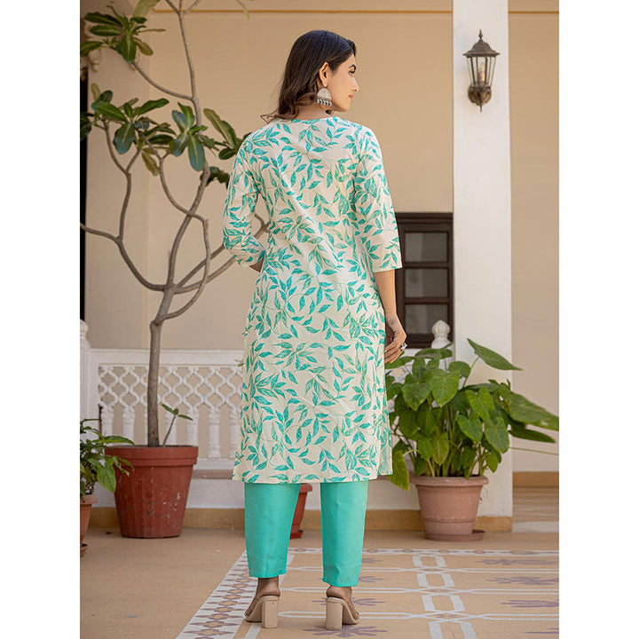 Yufta Mint Green Leaf Print Straight Piping On Yoke Kurta Trouser & Dupatta (Set of 3)