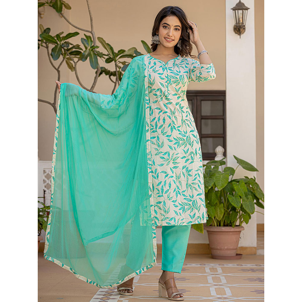 Yufta Mint Green Leaf Print Straight Piping On Yoke Kurta Trouser & Dupatta (Set of 3)