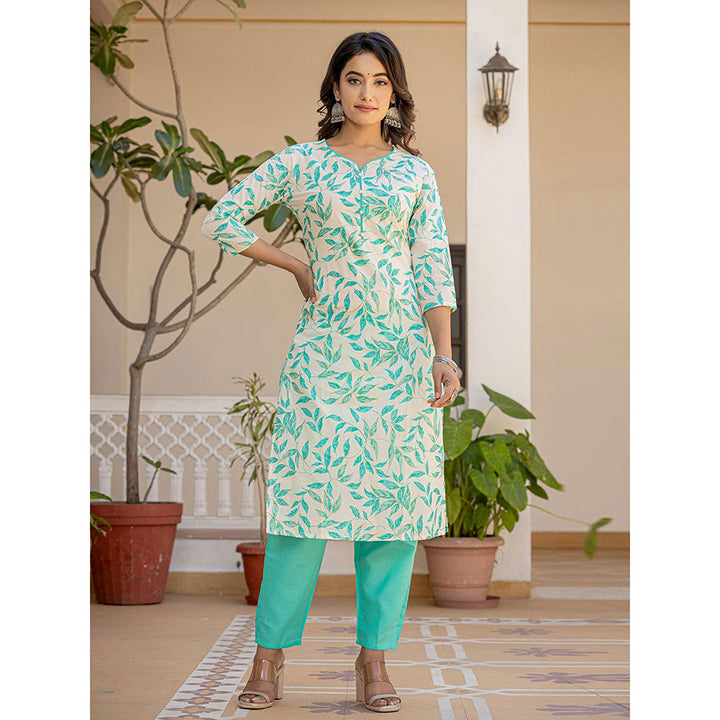 Yufta Mint Green Leaf Print Straight Piping On Yoke Kurta Trouser & Dupatta (Set of 3)