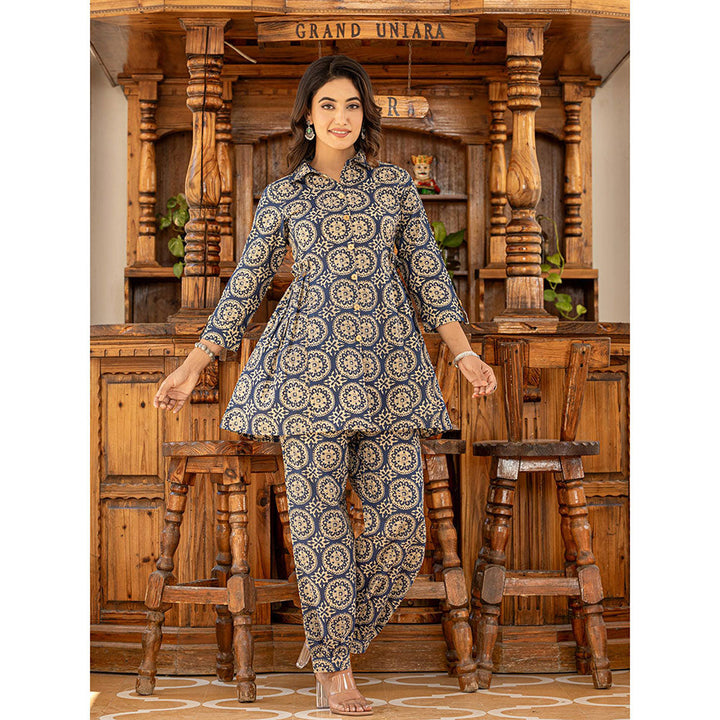 Yufta Ethnic Motifs Print Navy Blue Cotton Co-Ord (Set of 2)