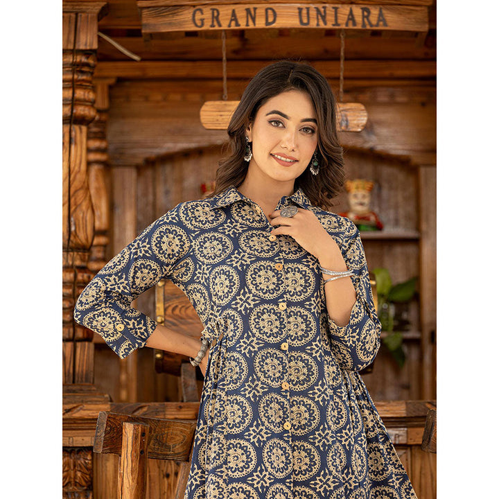 Yufta Ethnic Motifs Print Navy Blue Cotton Co-Ord (Set of 2)