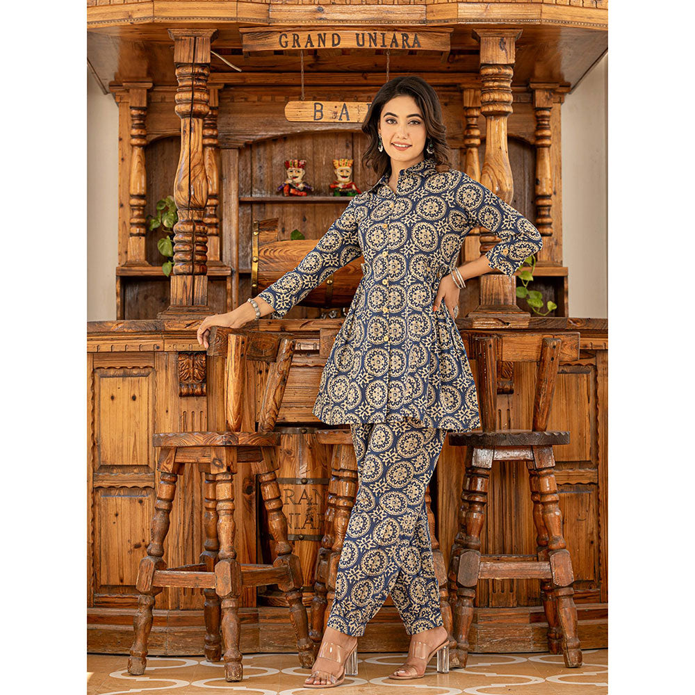 Yufta Ethnic Motifs Print Navy Blue Cotton Co-Ord (Set of 2)