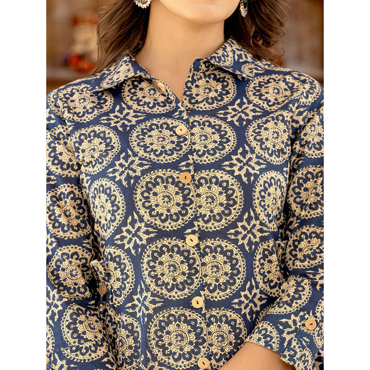 Yufta Ethnic Motifs Print Navy Blue Cotton Co-Ord (Set of 2)